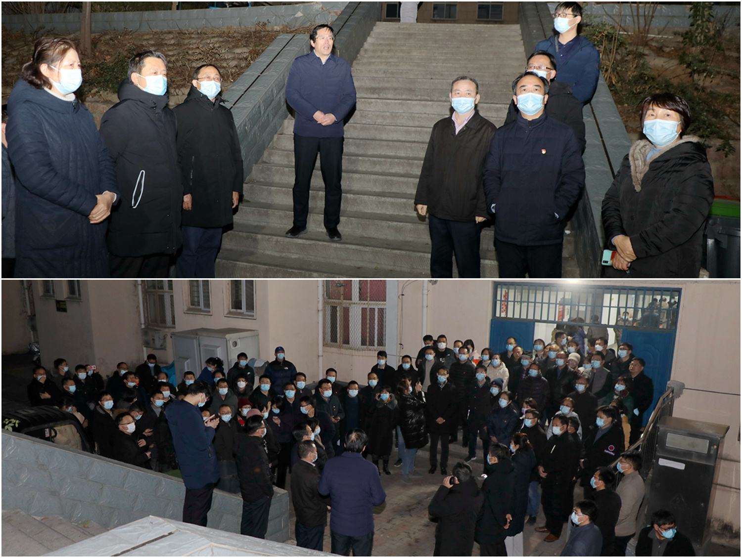 1月12日晚,党委书记华小鹏在隔离楼改造现场作动员讲话,所有在校老师积极参加隔离点改造工作