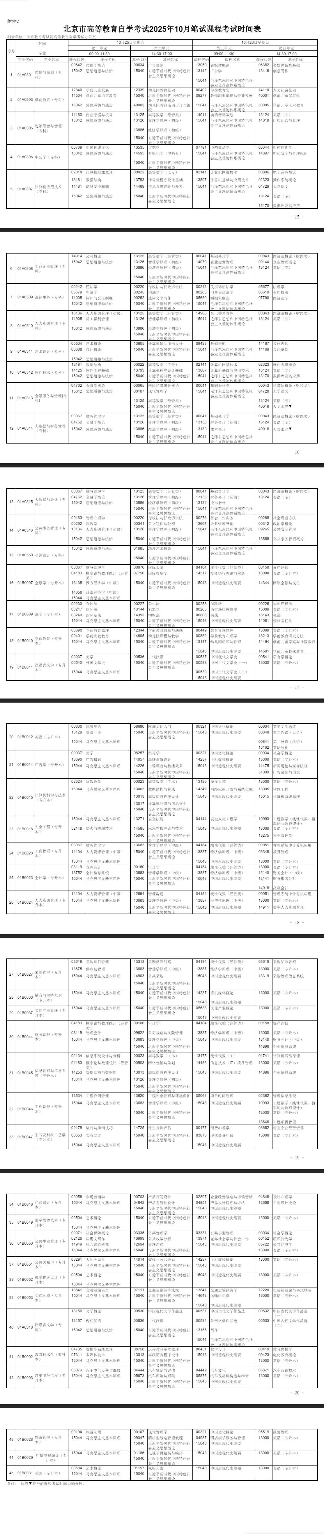 2025年10月北京市自考考试安排