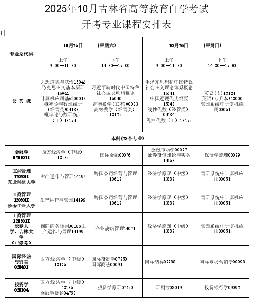 2025年10月吉林省自考考试安排 2025年10月吉林省自考考试安排