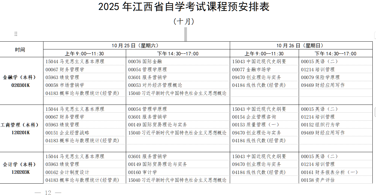 2025年10月江西省赣州市自学考试考试安排